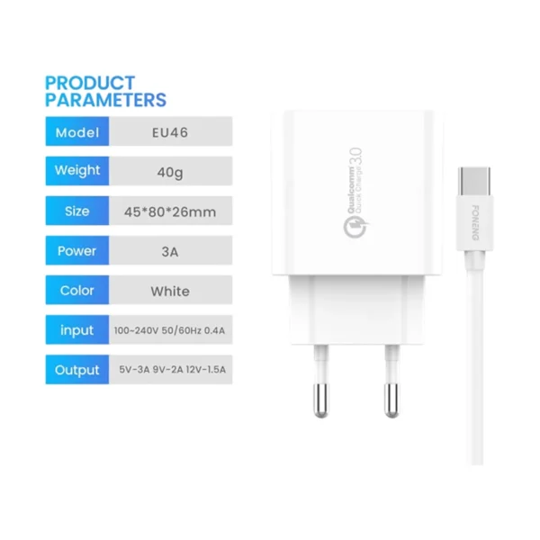 Cargador Tipo C Foneng EU46 3A 18W Carga Rápida USB - Imagen 5